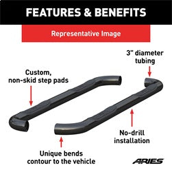 ARIES 202011 - 3 Round Black Steel Side Bars, Select Toyota FJ Cruiser