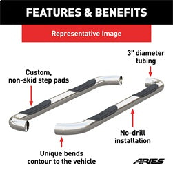 ARIES 203046-2 - 3 Round Polished Stainless Side Bars, Select Ford Ranger SuperCrew