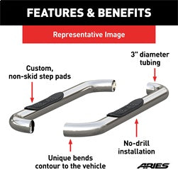 ARIES 204041-2 - 3 Round Polished Stainless Side Bars, Select Chevrolet, GMC C, K