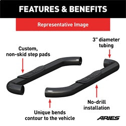 ARIES 204048 - 3 Round Black Steel Side Bars, Select Silverado, Sierra 1500, 2500, 3500