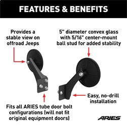 ARIES 3500300 - Offroad Jeep Wrangler, Gladiator Half Tube Door Mirrors, 2-Pack