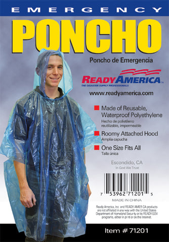 Ready America 71201 Rain Poncho One Size Fits All Clear Polyethylene With Hood