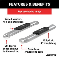 ARIES S225039-2 - 4 Polished Stainless Oval Side Bars, Select Dodge, Ram 1500, 2500, 3500