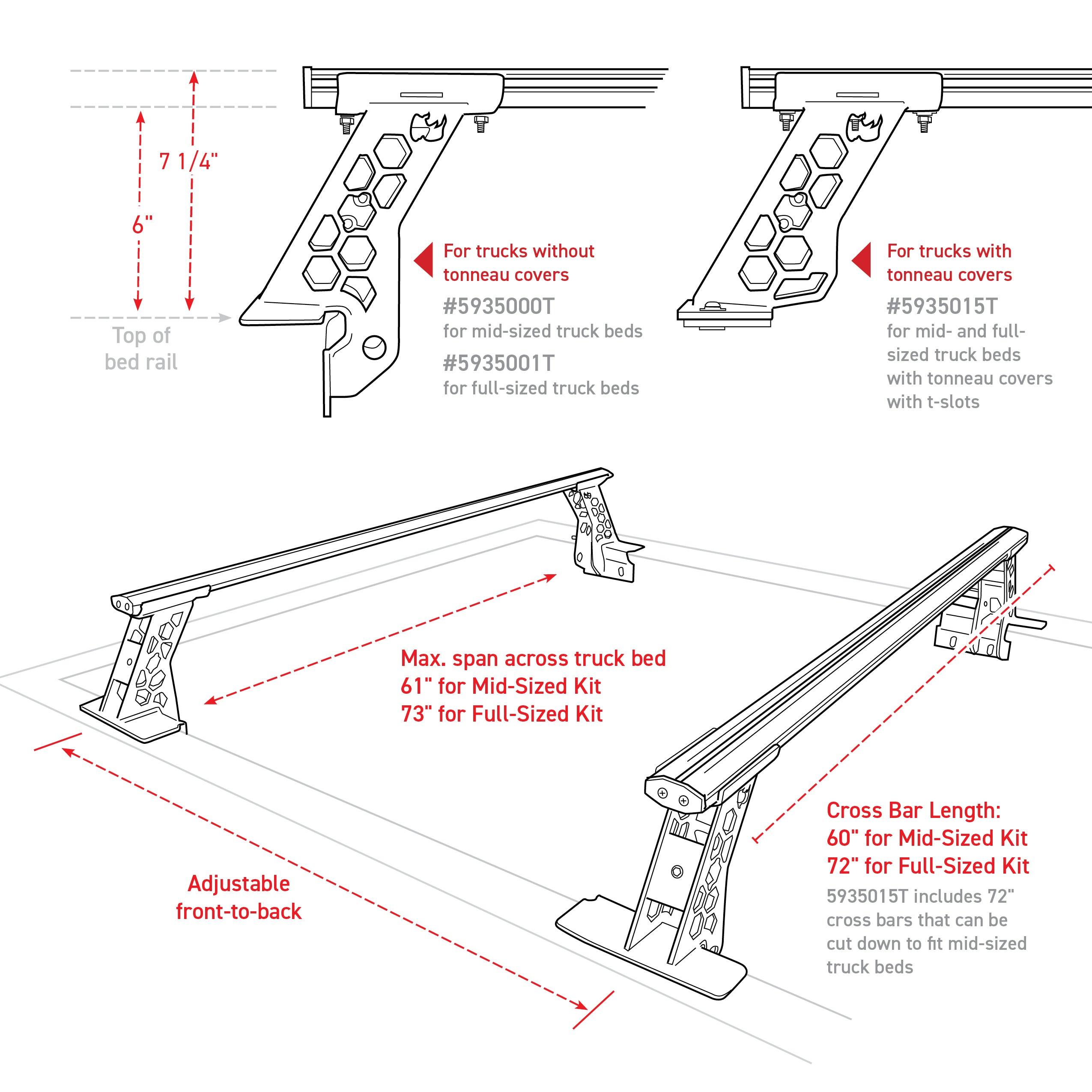 5935015T - Go Rhino XRS Cross Bars - Bed Rail Kit for Full/Mid Sized Trucks  W/Tonneau Cover T-Tracks